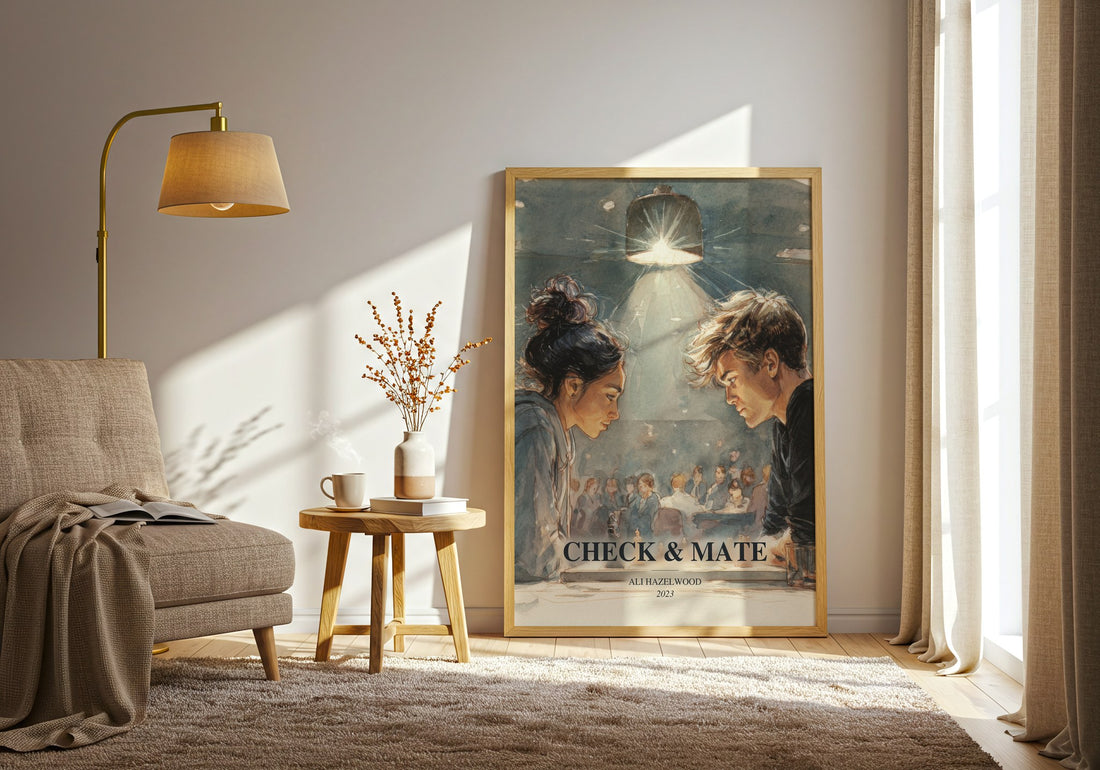 Check & Mate watercolour print in frame leaning in hallway – young adult wall art (mockup)
