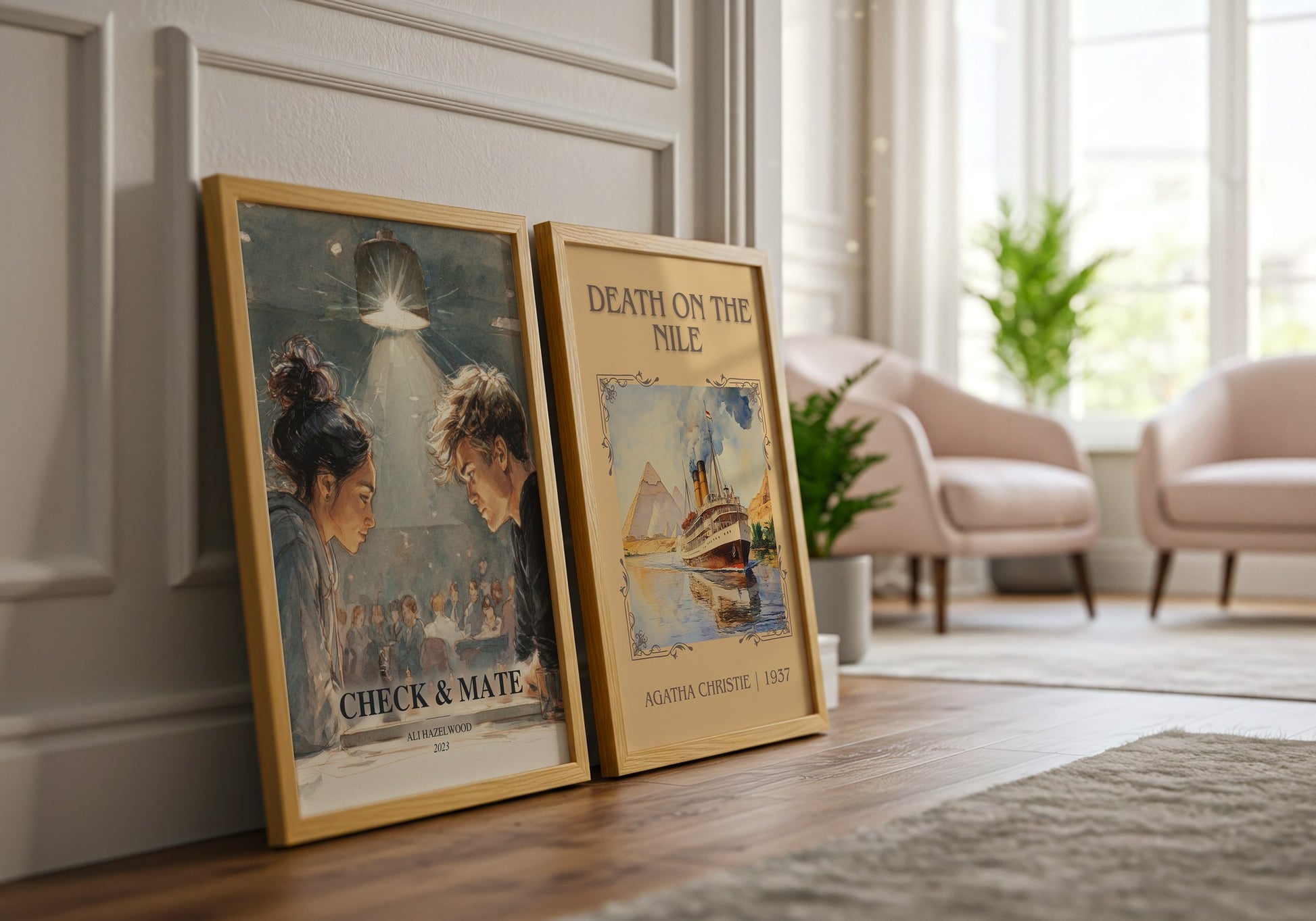 Check & Mate watercolour print framed by window – literary home decor