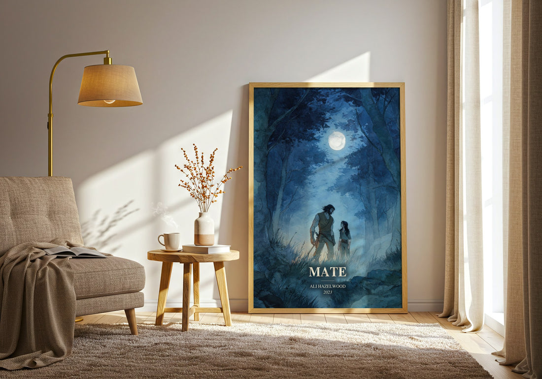 Mate watercolour print in frame leaning in hallway – romance wall art (mockup)