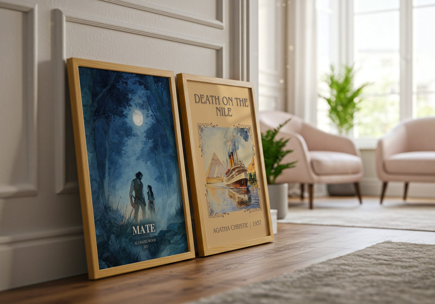 Mate watercolour print framed by window – literary home decor