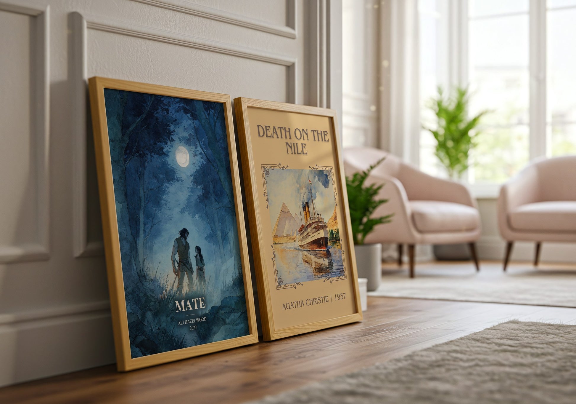 Mate watercolour print framed by window – literary home decor