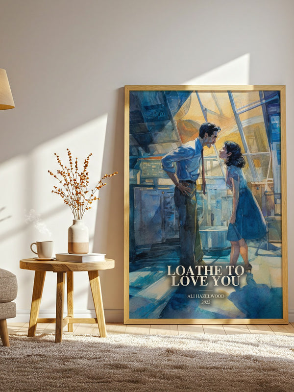 Loathe To Love You watercolour print in frame leaning in hallway – romance wall art