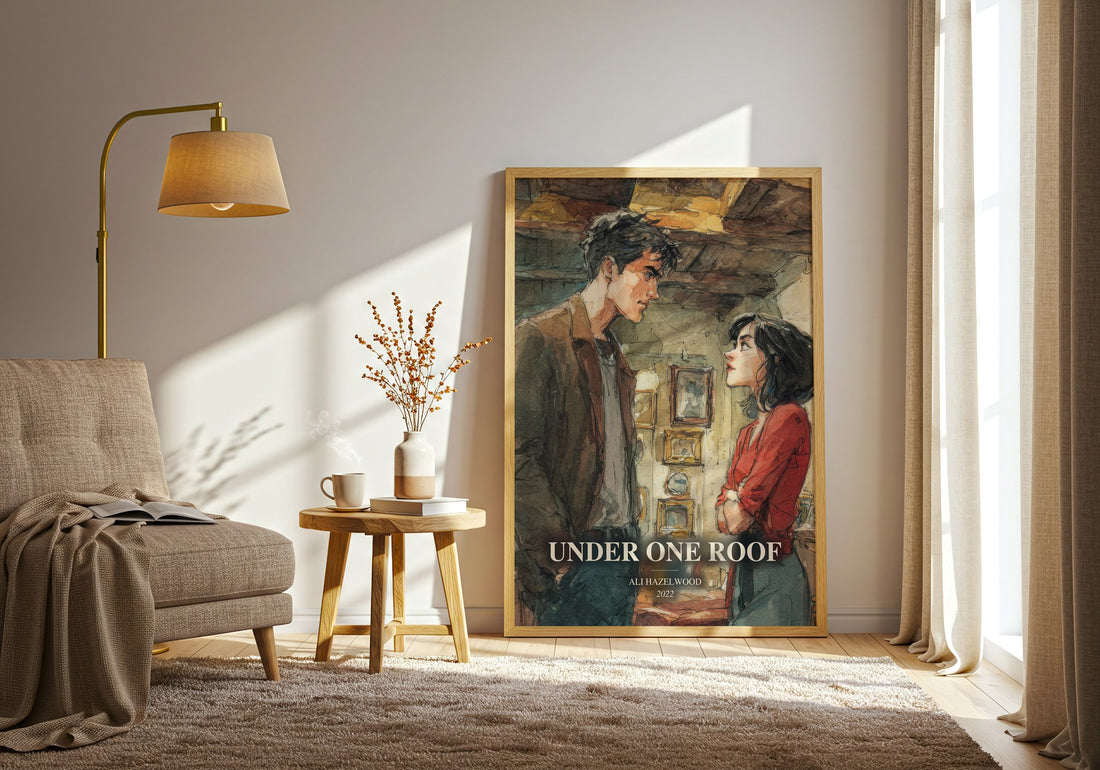 Under One Roof watercolour print in frame leaning in hallway – romance wall art (mockup)