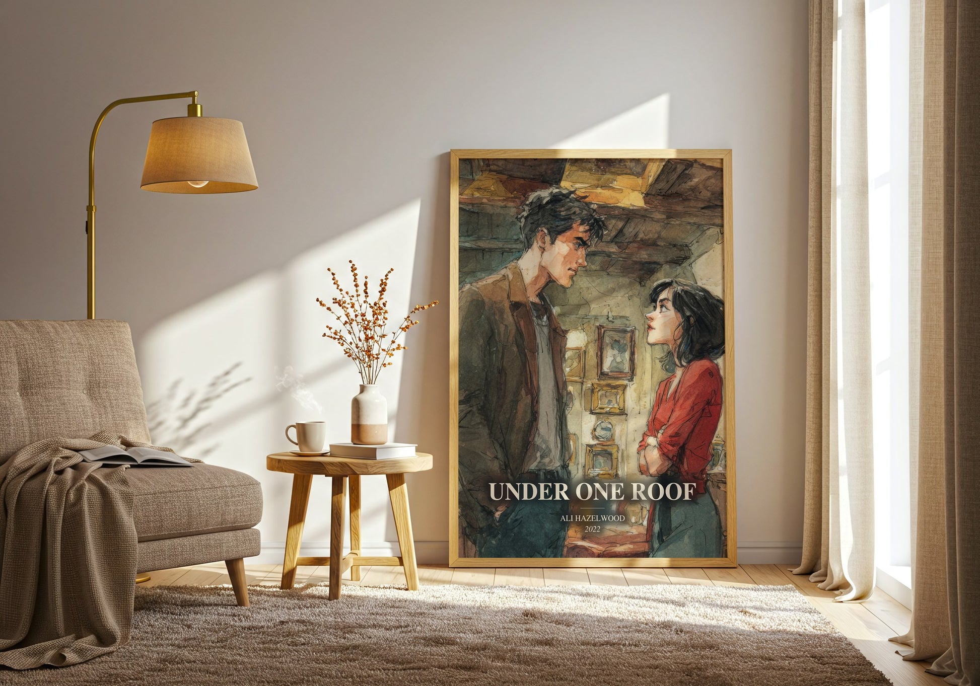 Under One Roof watercolour print in frame leaning in hallway – romance wall art