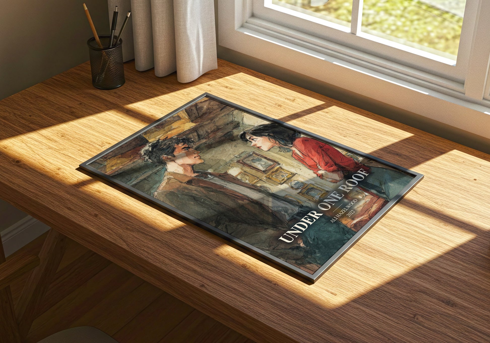 Under One Roof watercolour book poster framed on wall – romance wall art