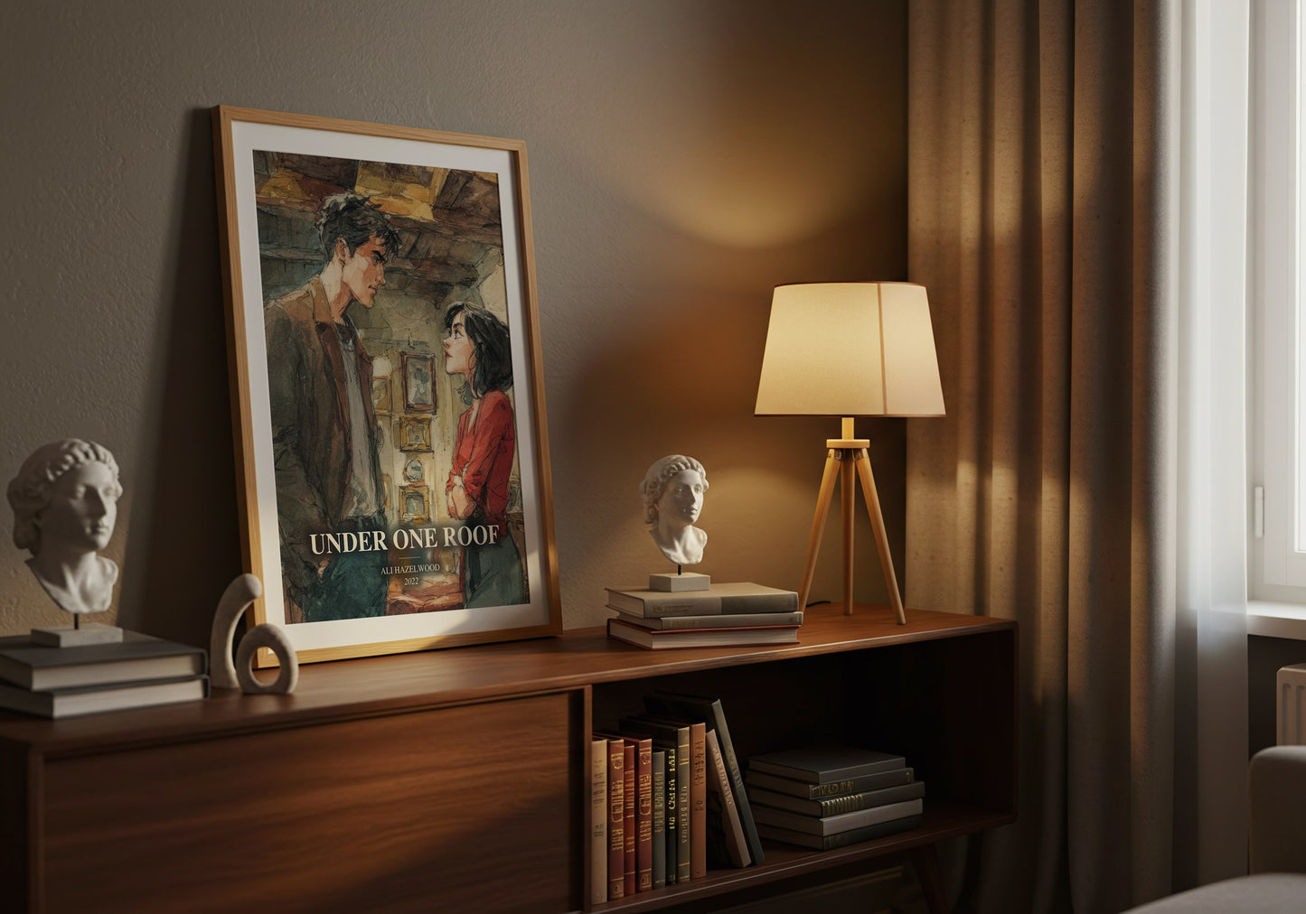Under One Roof watercolour print on bookshelf – Ali Hazelwood fan gift