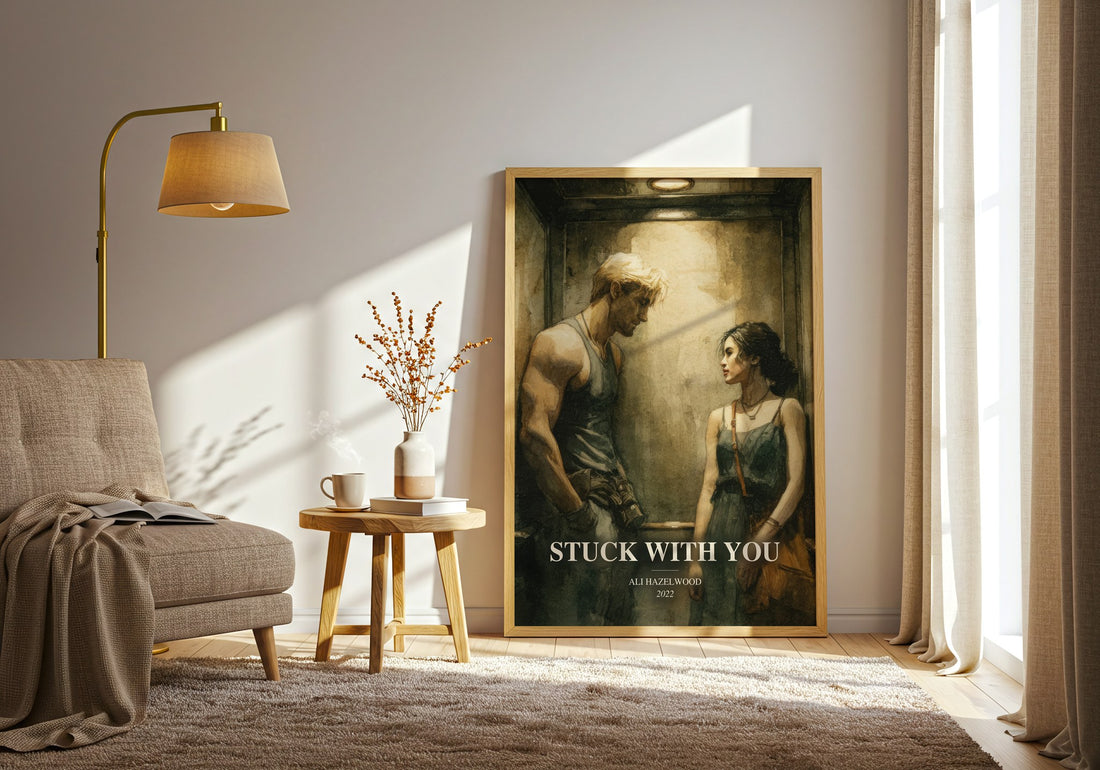 Stuck With You watercolour print in frame leaning in hallway – romance wall art (mockup)