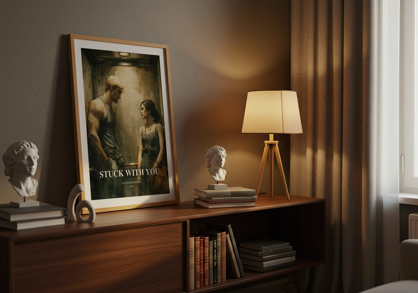 Stuck With You watercolour print on bookshelf – Ali Hazelwood fan gift