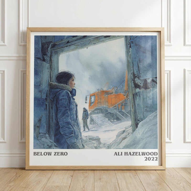 Below Zero literary print in frame leaning in hallway – romance wall art