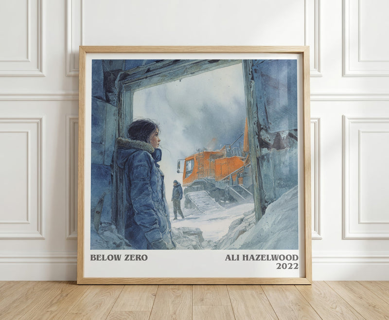 Below Zero literary print in frame leaning in hallway – romance wall art