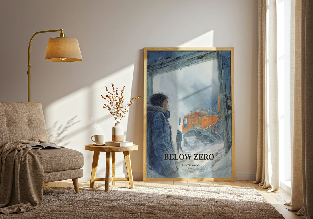 Below Zero watercolour print in frame leaning in hallway – romance wall art (mockup)