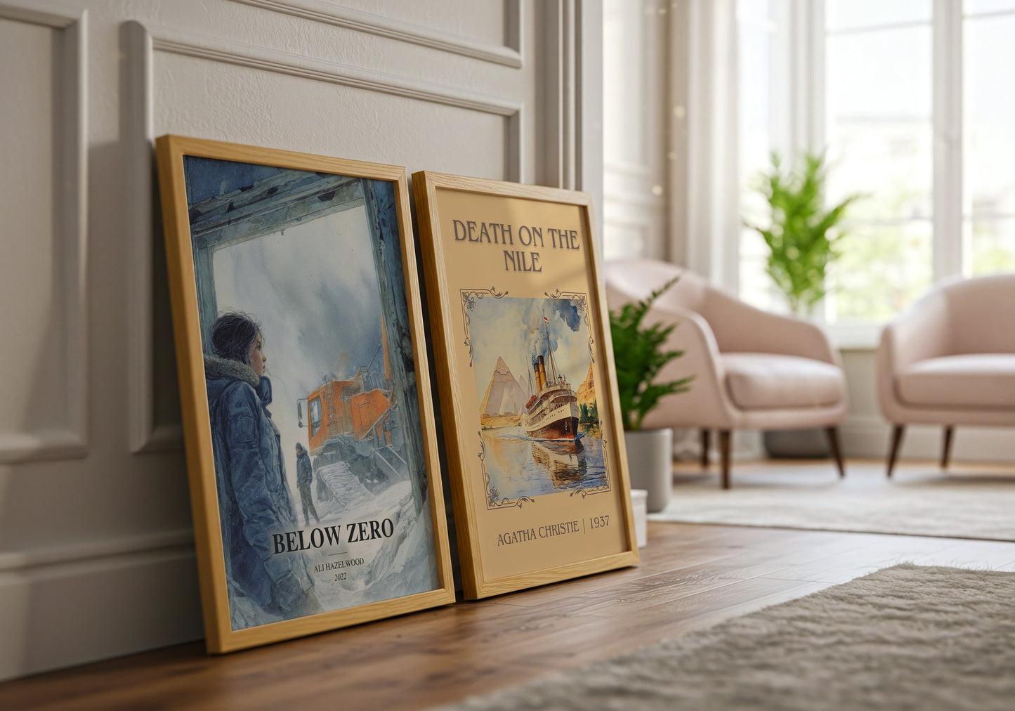Below Zero watercolour print framed by window – literary home decor
