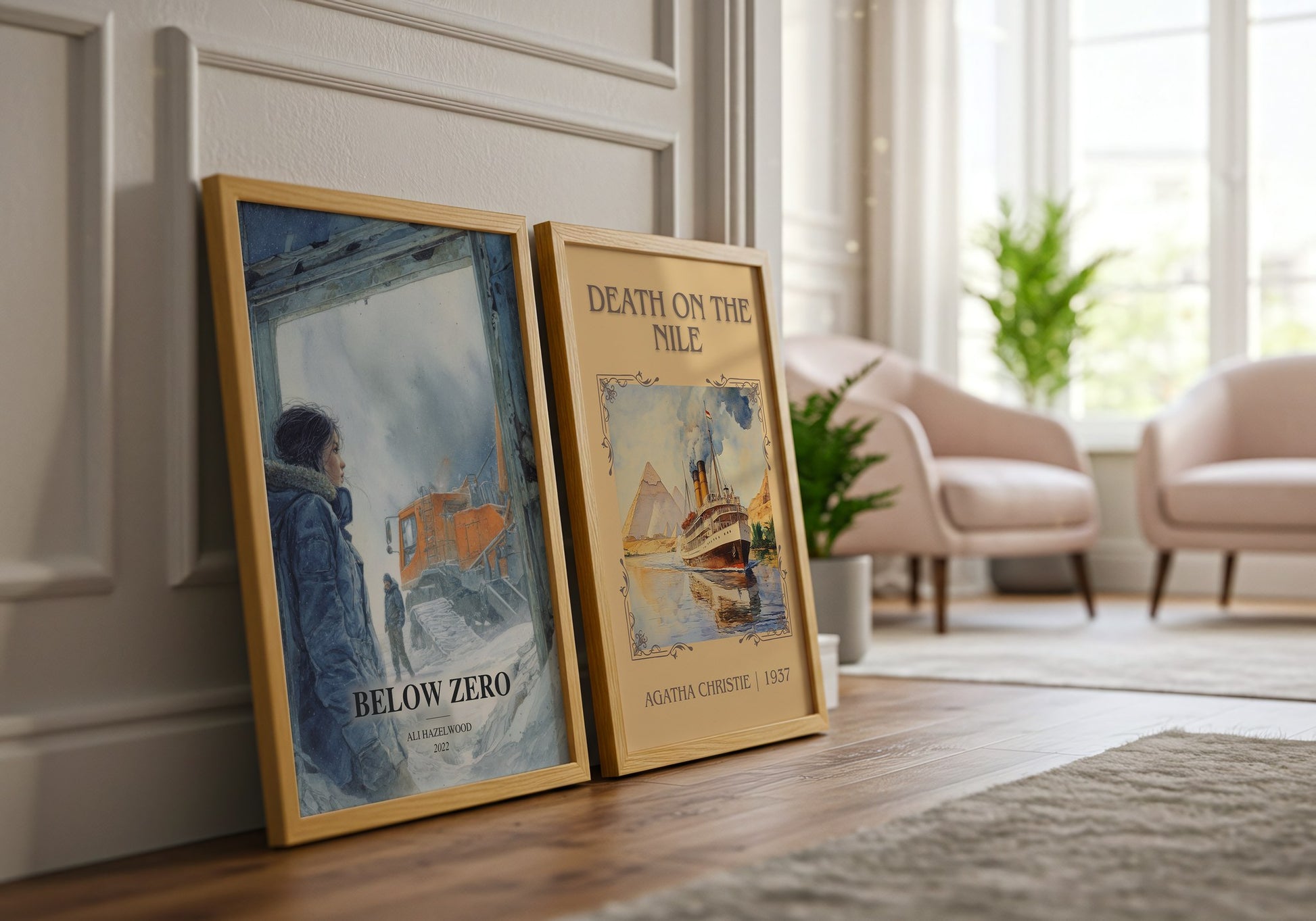Below Zero watercolour print framed by window – literary home decor