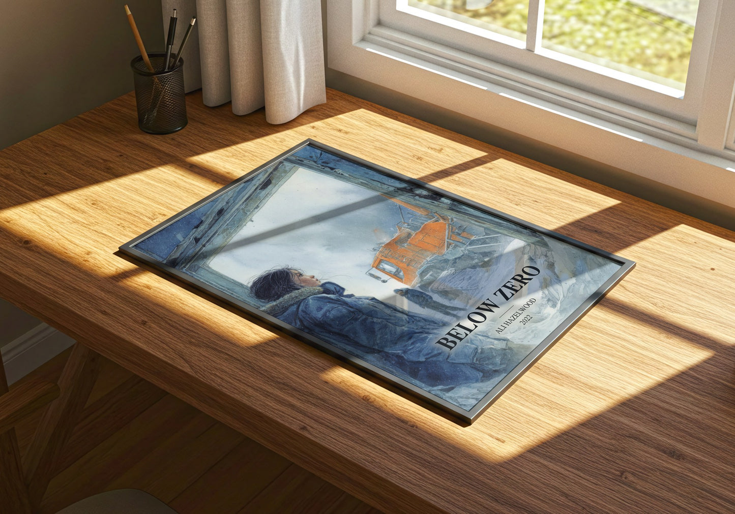 Below Zero watercolour book poster framed on wall – romance wall art