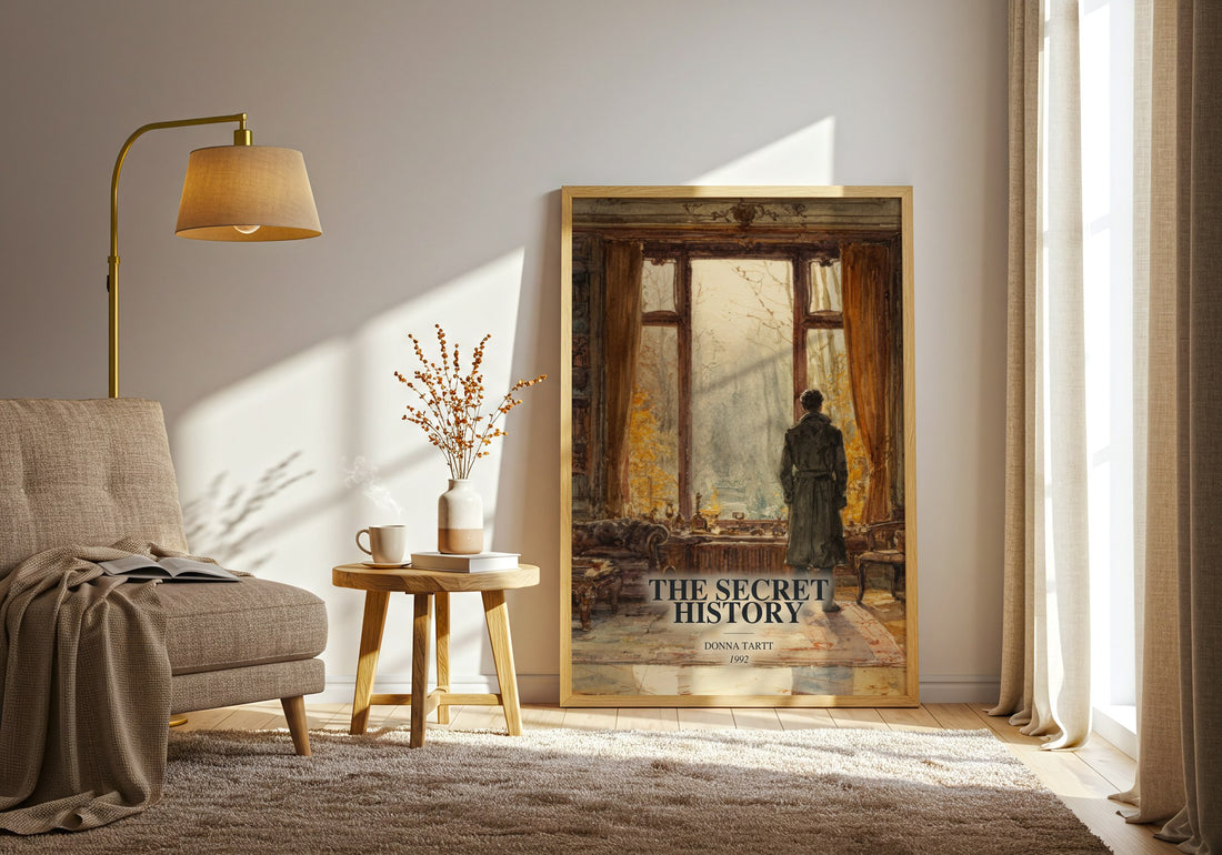 The Secret History watercolour print in frame leaning in hallway – literary fiction wall art (mockup)