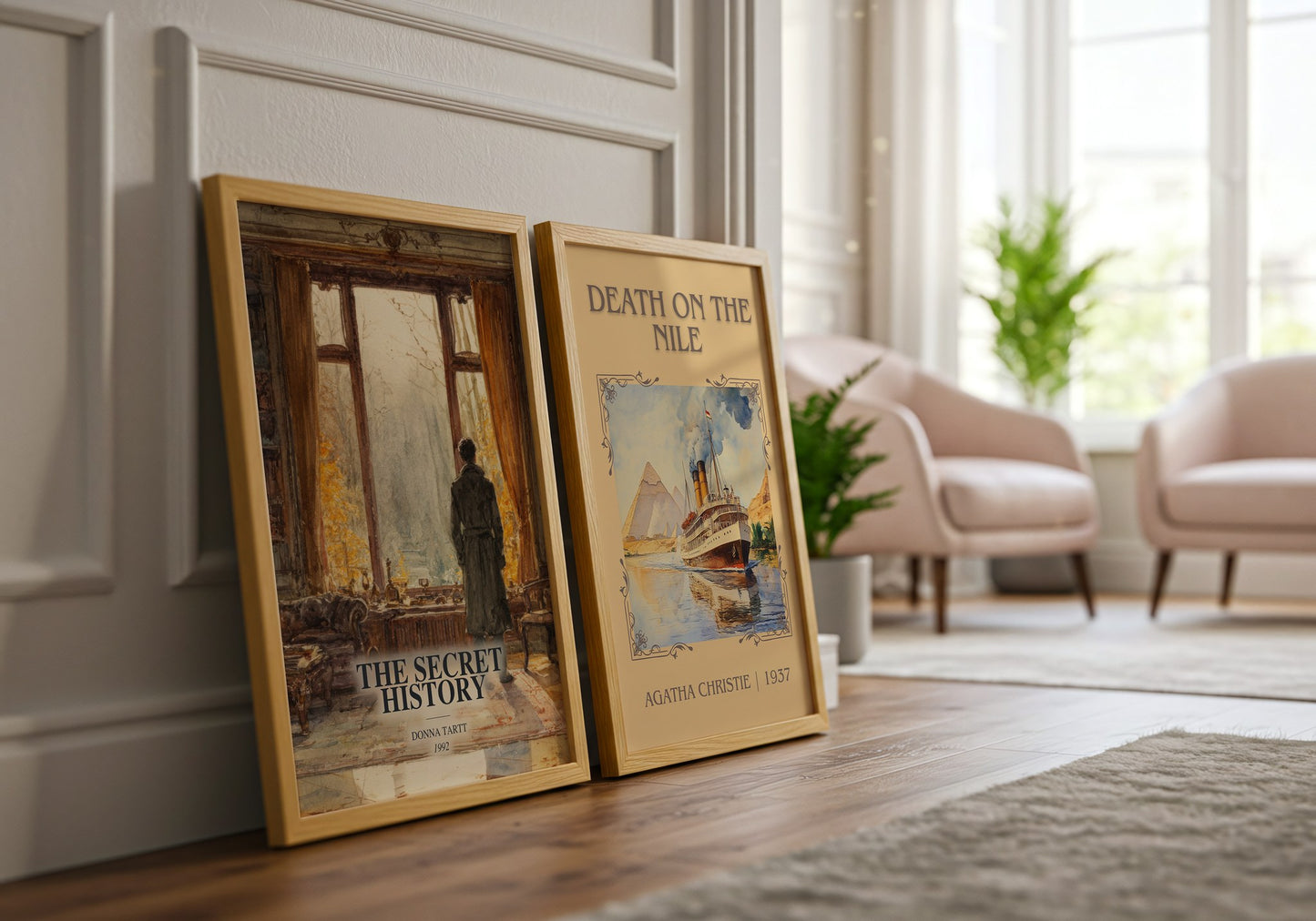 The Secret History watercolour print framed by window – literary home decor