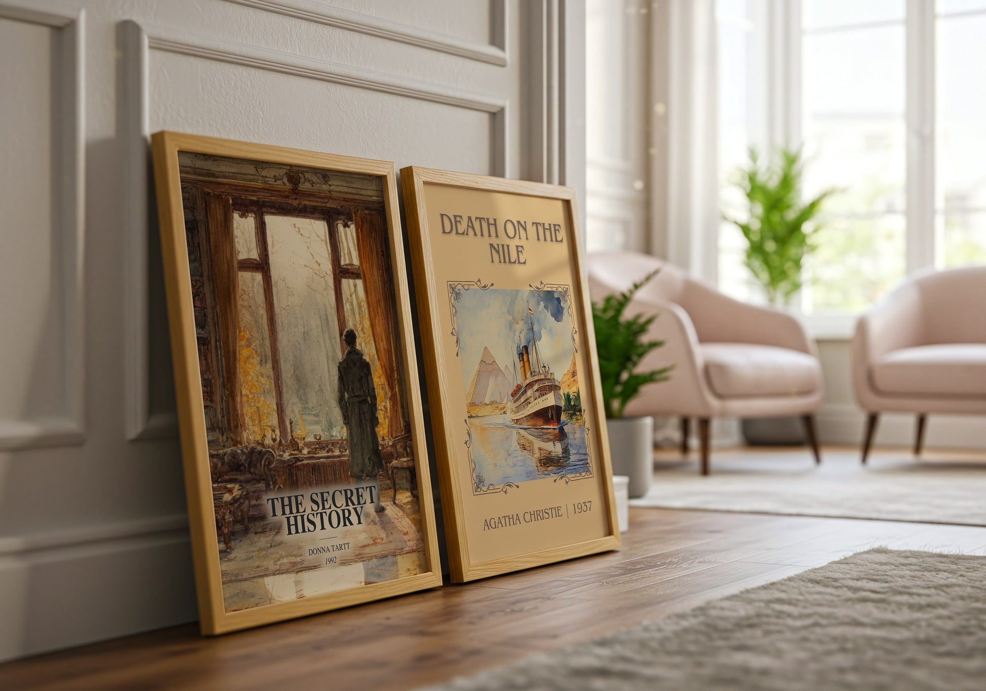 The Secret History watercolour print framed by window – literary home decor