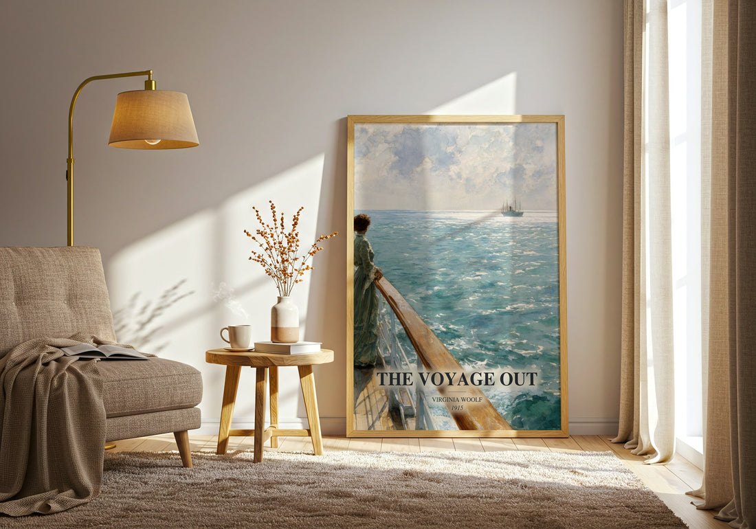The Voyage Out watercolour print in frame leaning in hallway – literary fiction wall art (mockup)