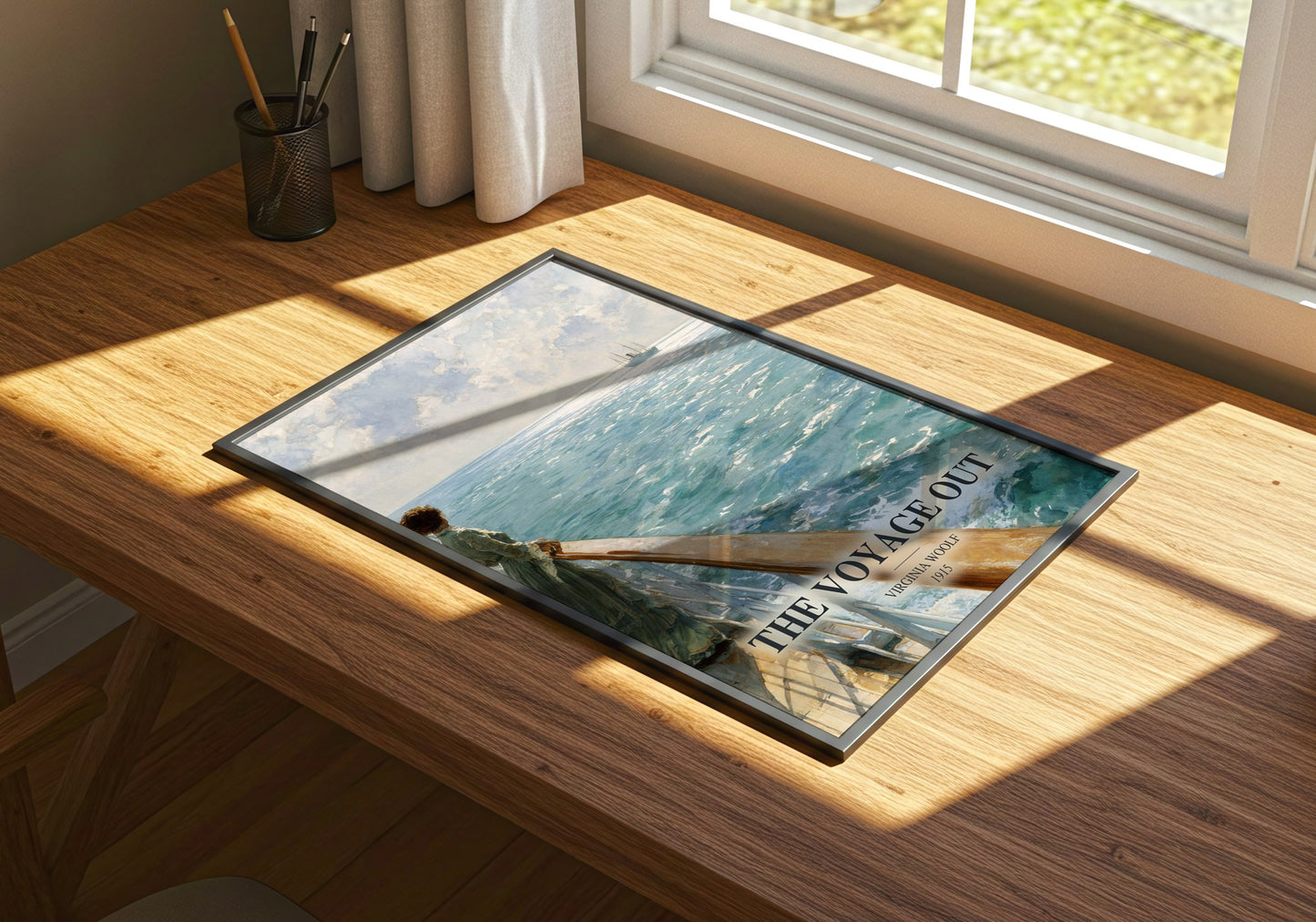 The Voyage Out watercolour book poster framed on wall – literary fiction wall art