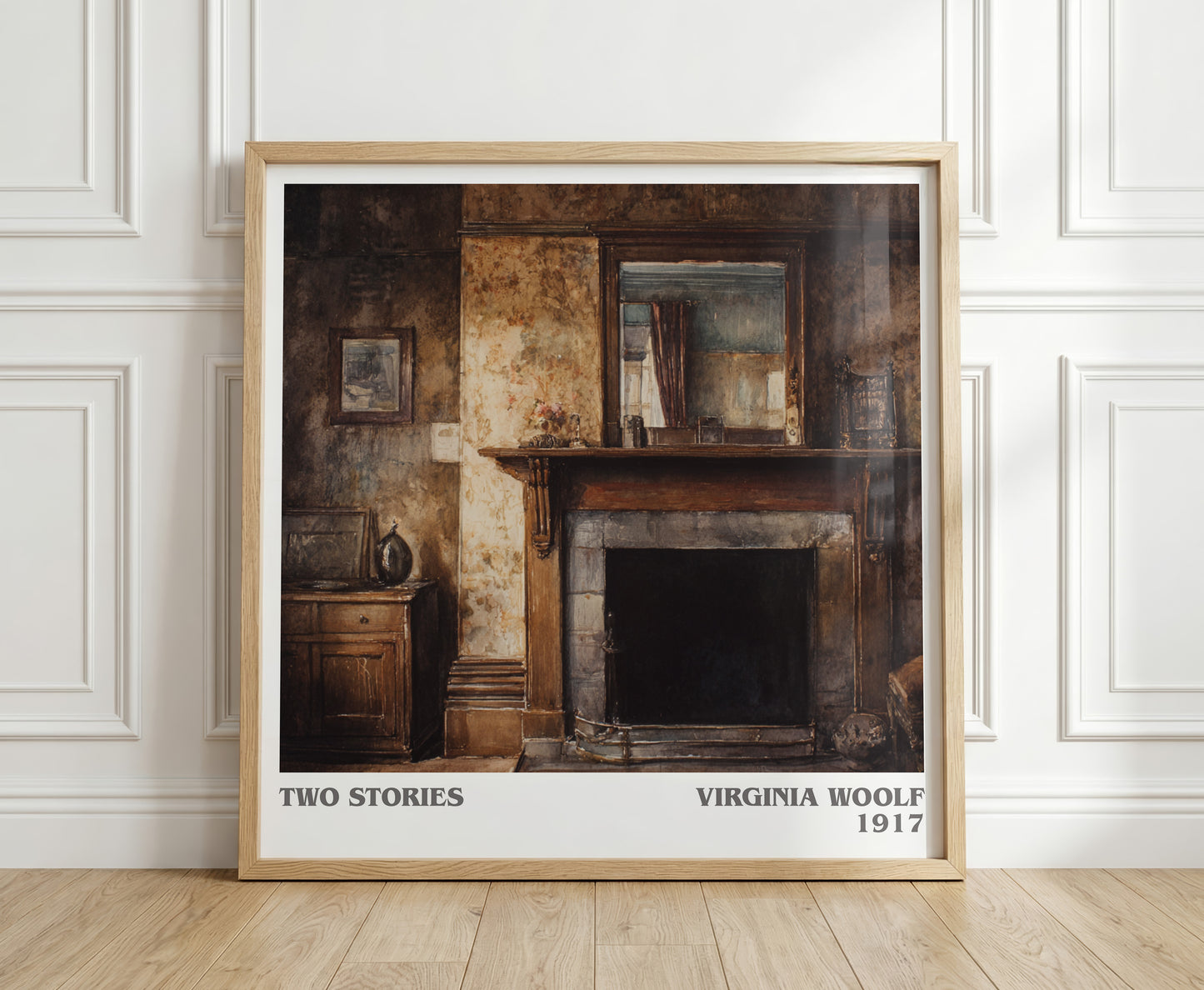 Two Stories literary print in frame leaning in hallway – classic literature wall art