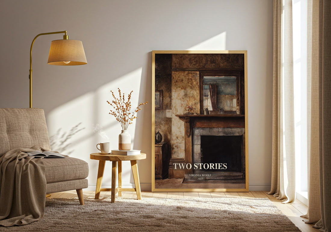 Two Stories watercolour print in frame leaning in hallway – literary fiction wall art (mockup)