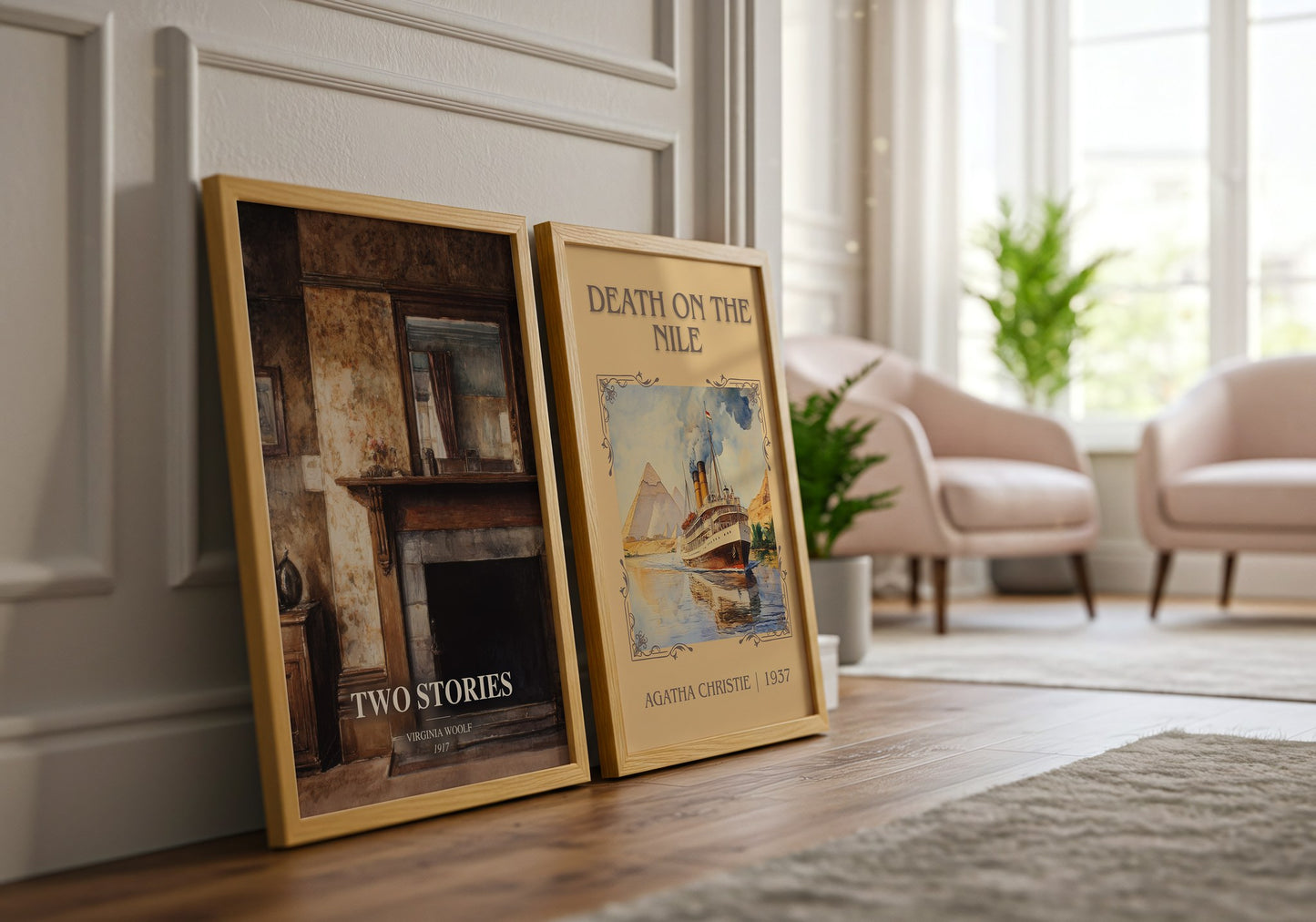 Two Stories watercolour print framed by window – literary home decor