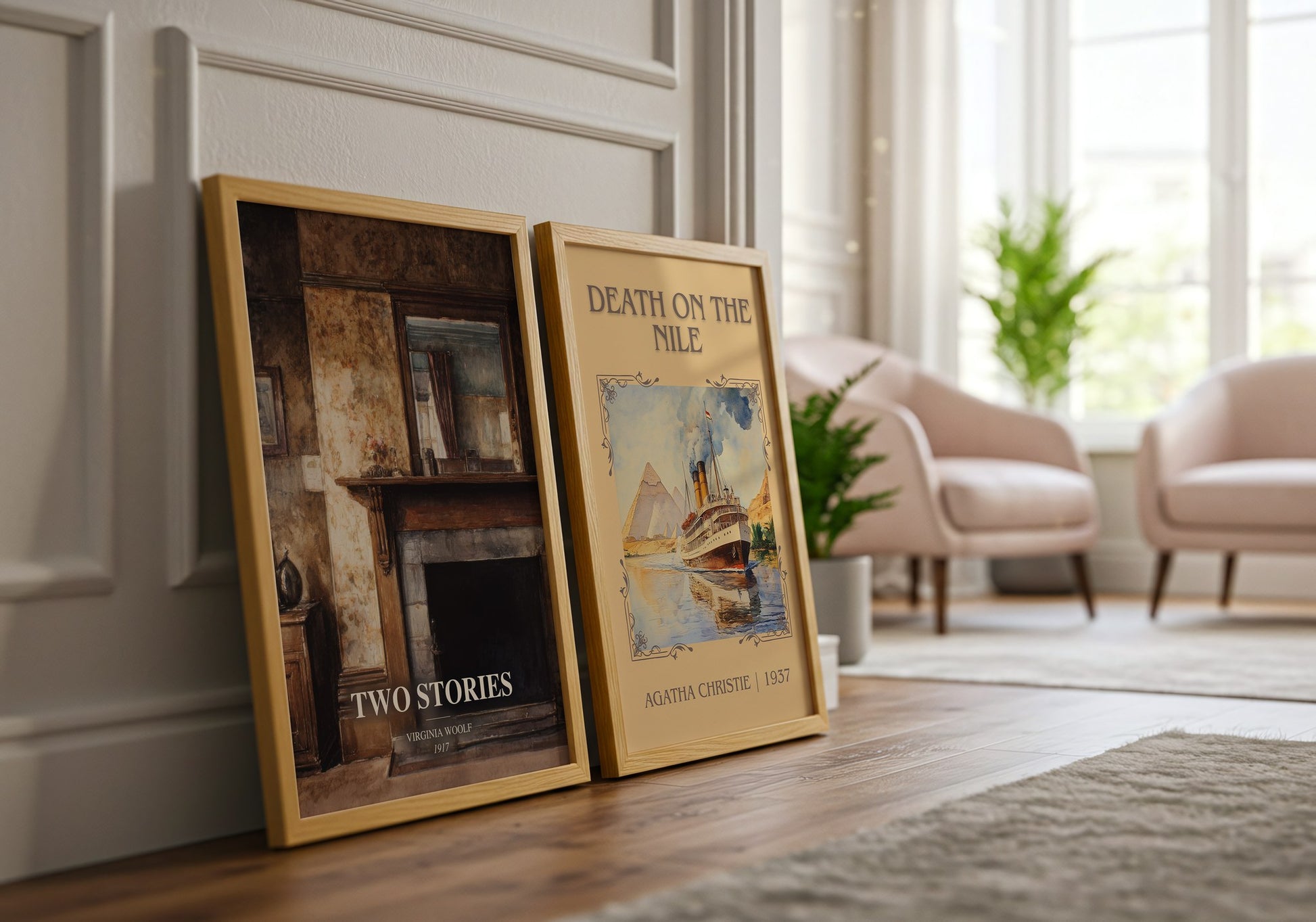 Two Stories watercolour print framed by window – literary home decor