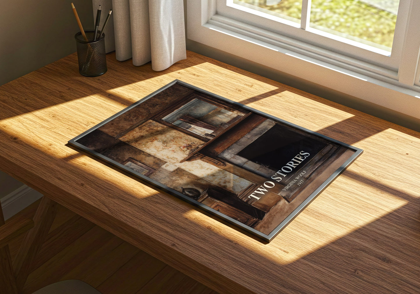 Two Stories watercolour book poster framed on wall – literary fiction wall art