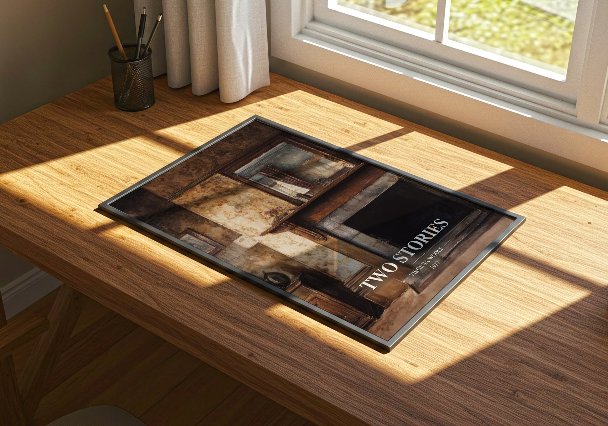 Two Stories watercolour book poster framed on wall – literary fiction wall art