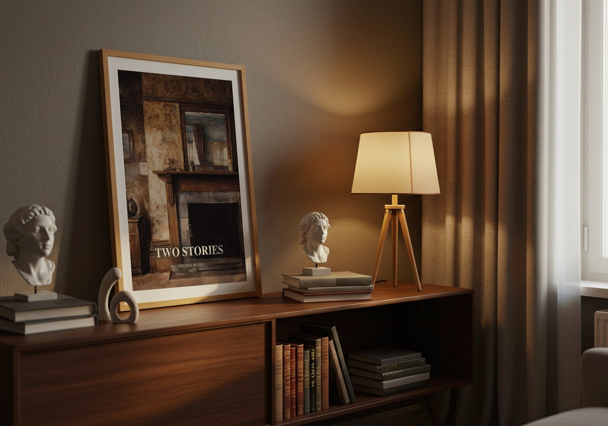 Two Stories watercolour print on bookshelf – Virginia Woolf fan gift