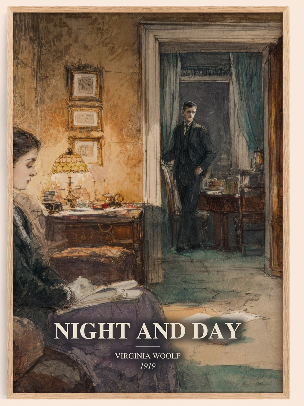 Night And Day watercolour book poster by Virginia Woolf – framed literary art print