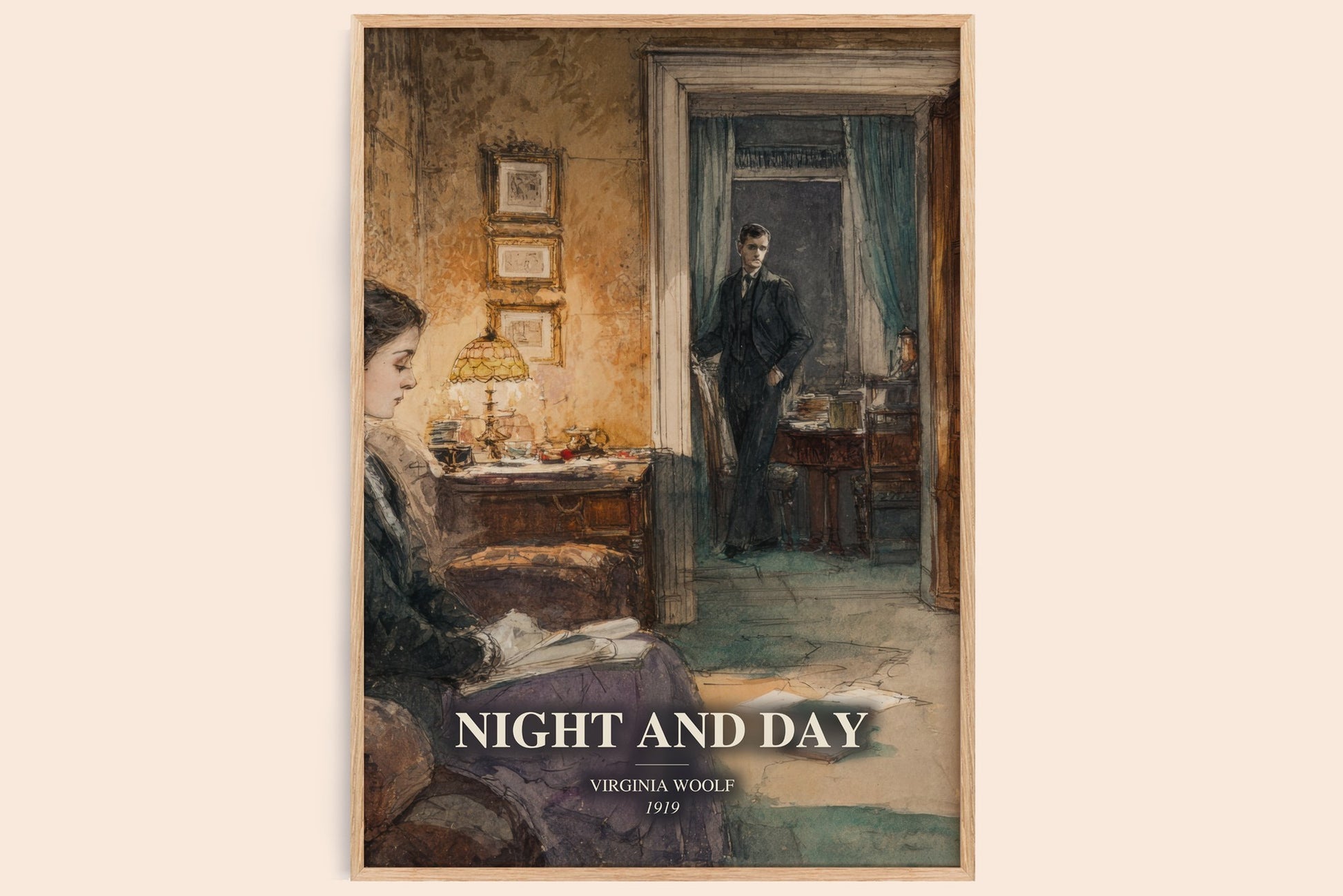 Night And Day watercolour book poster by Virginia Woolf – framed literary art print