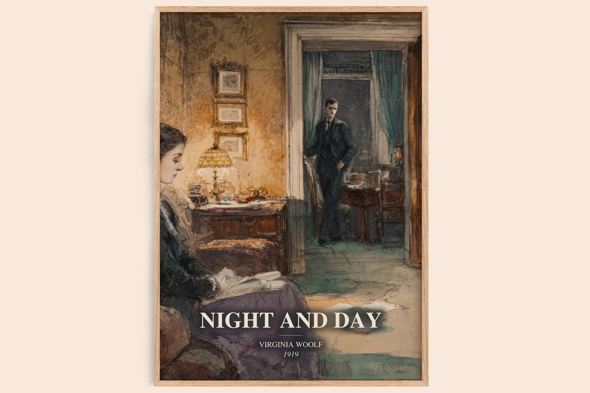 Night And Day watercolour book poster by Virginia Woolf – framed literary art print