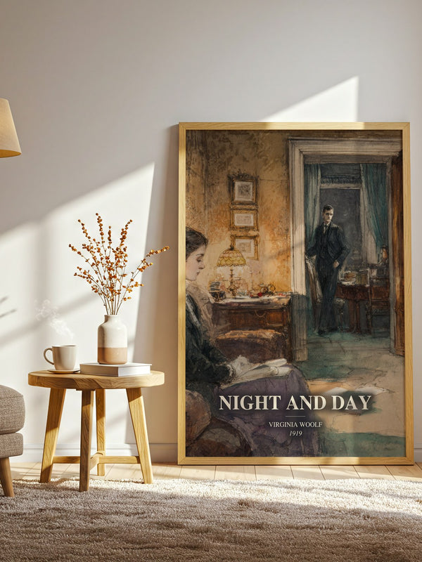 Night And Day watercolour print in frame leaning in hallway – classic literature wall art