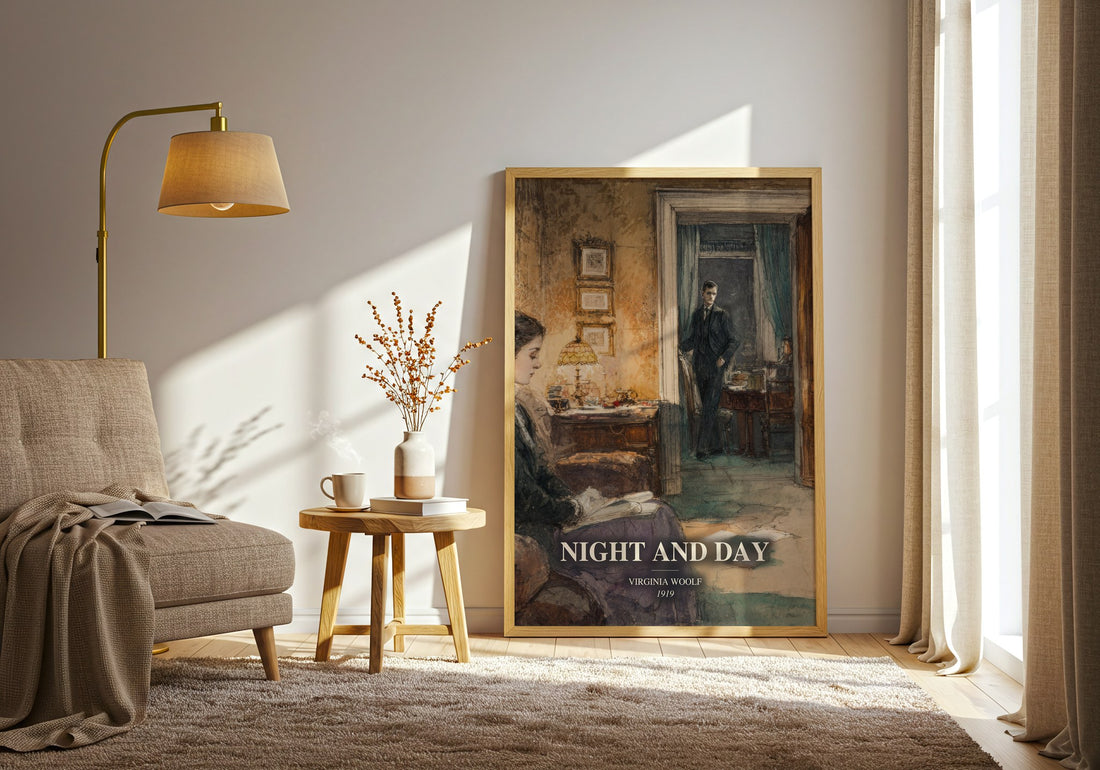 Night And Day watercolour print in frame leaning in hallway – classic literature wall art (mockup)
