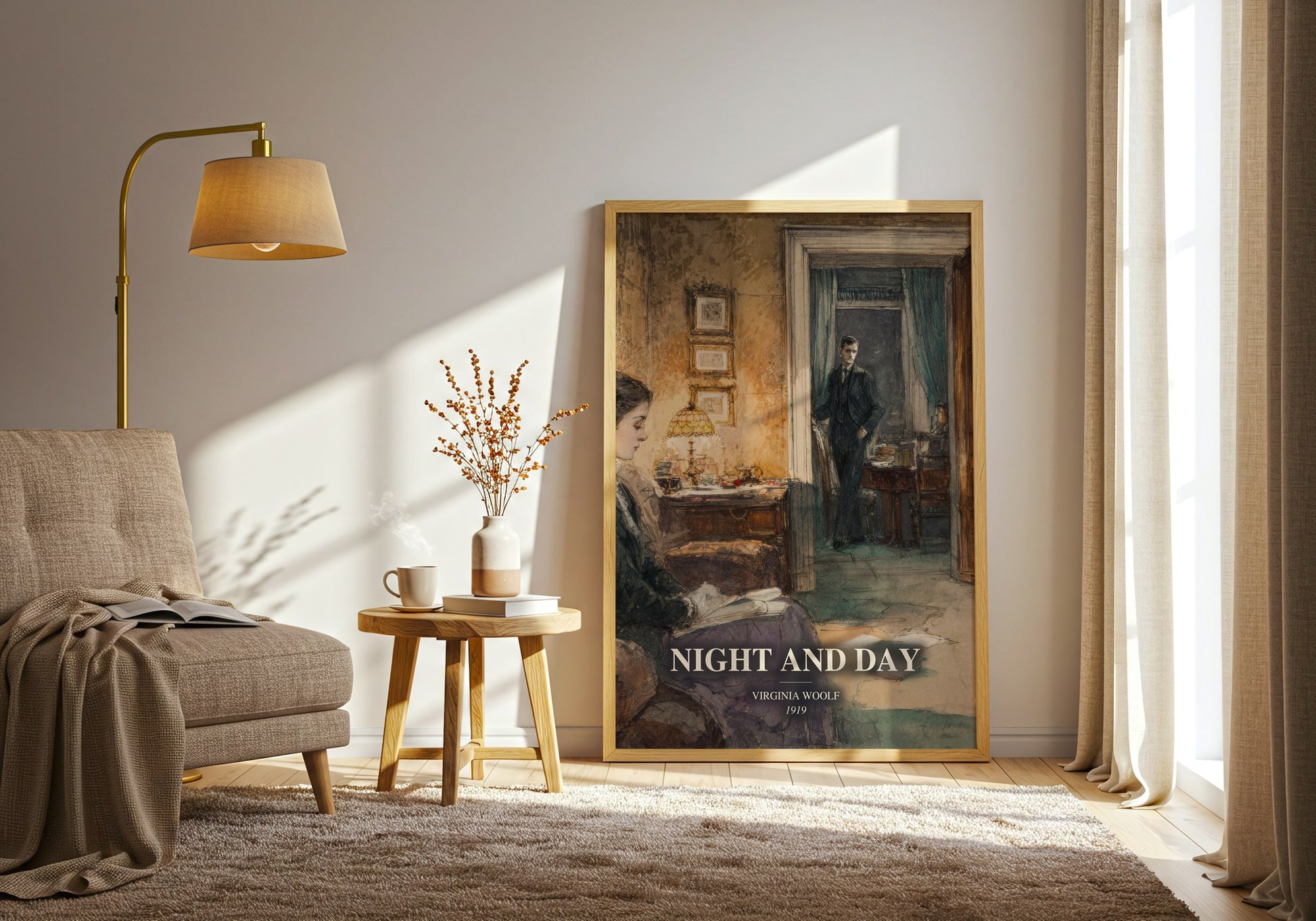 Night And Day watercolour print in frame leaning in hallway – classic literature wall art