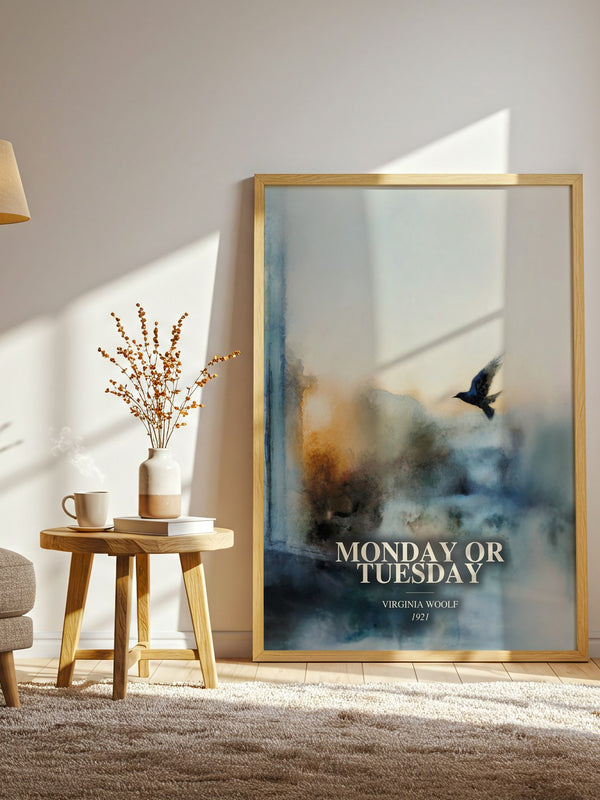 Monday Or Tuesday watercolour print in frame leaning in hallway – literary fiction wall art