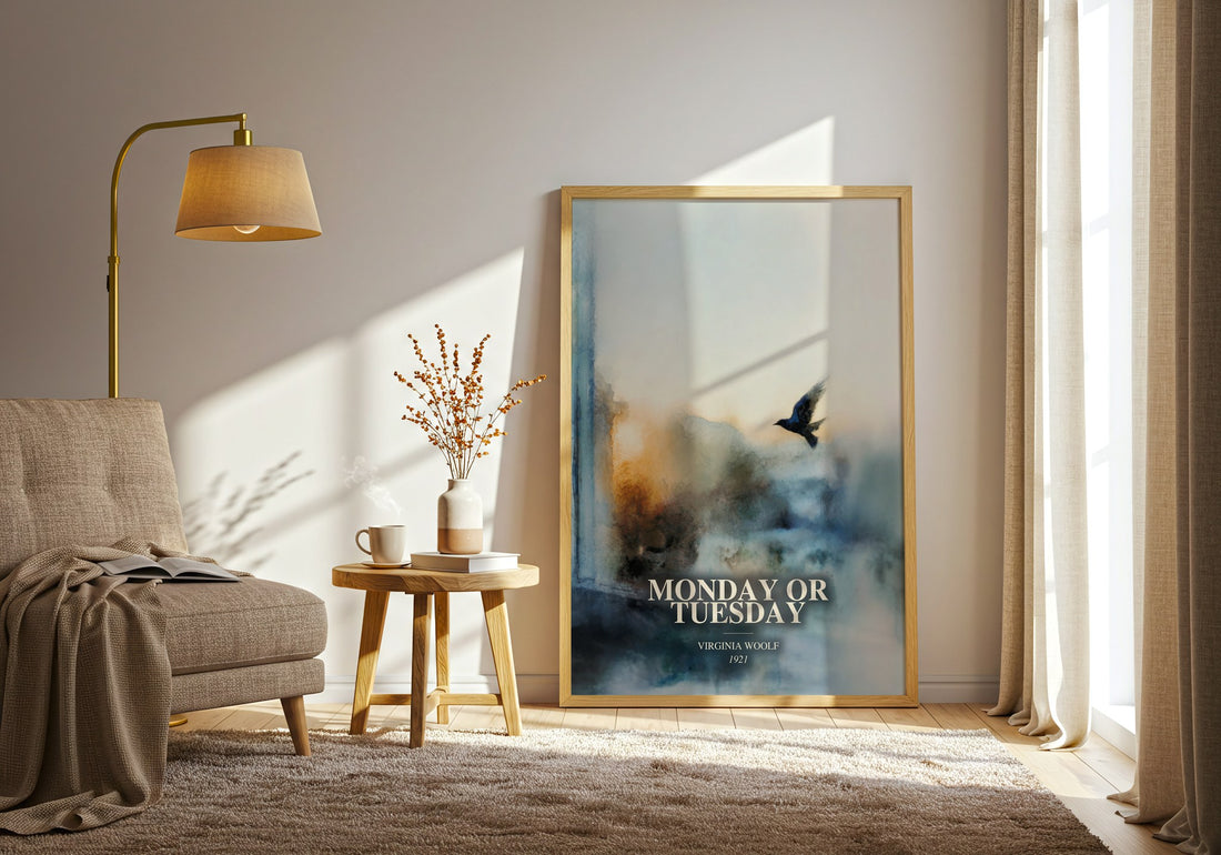 Monday Or Tuesday watercolour print in frame leaning in hallway – literary fiction wall art (mockup)