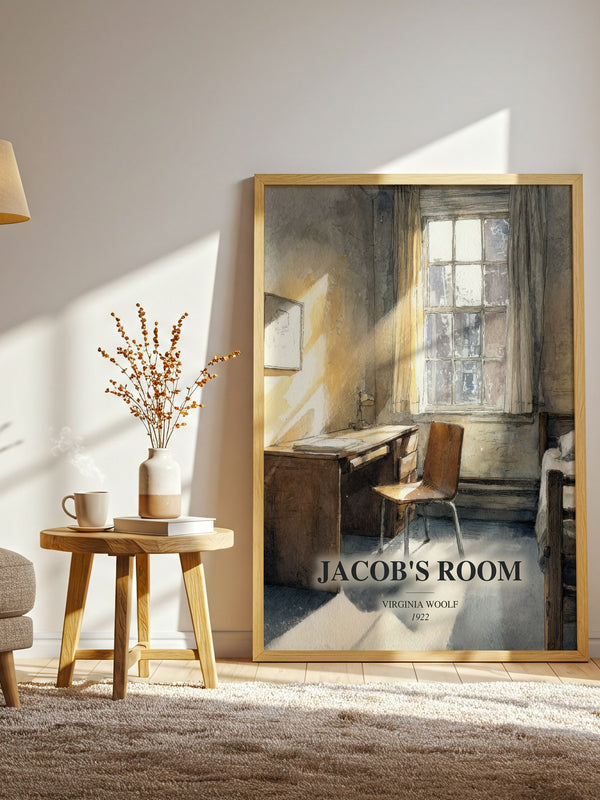 Jacob'S Room watercolour print in frame leaning in hallway – literary fiction wall art