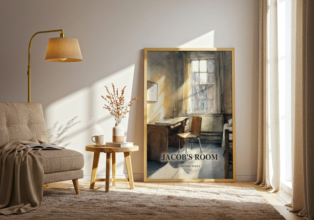 Jacob'S Room watercolour print in frame leaning in hallway – literary fiction wall art (mockup)