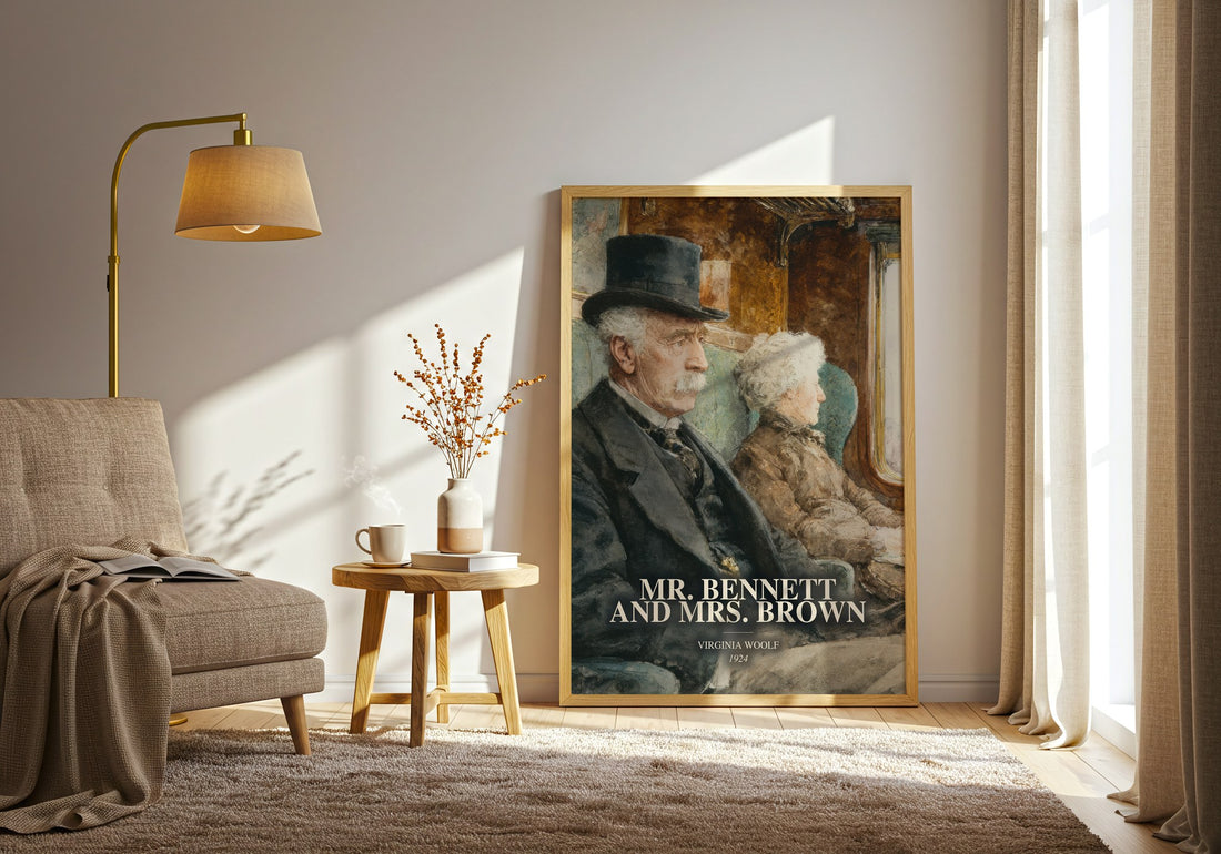 Mr. Bennett And Mrs. Brown watercolour print in frame leaning in hallway – non fiction wall art (mockup)