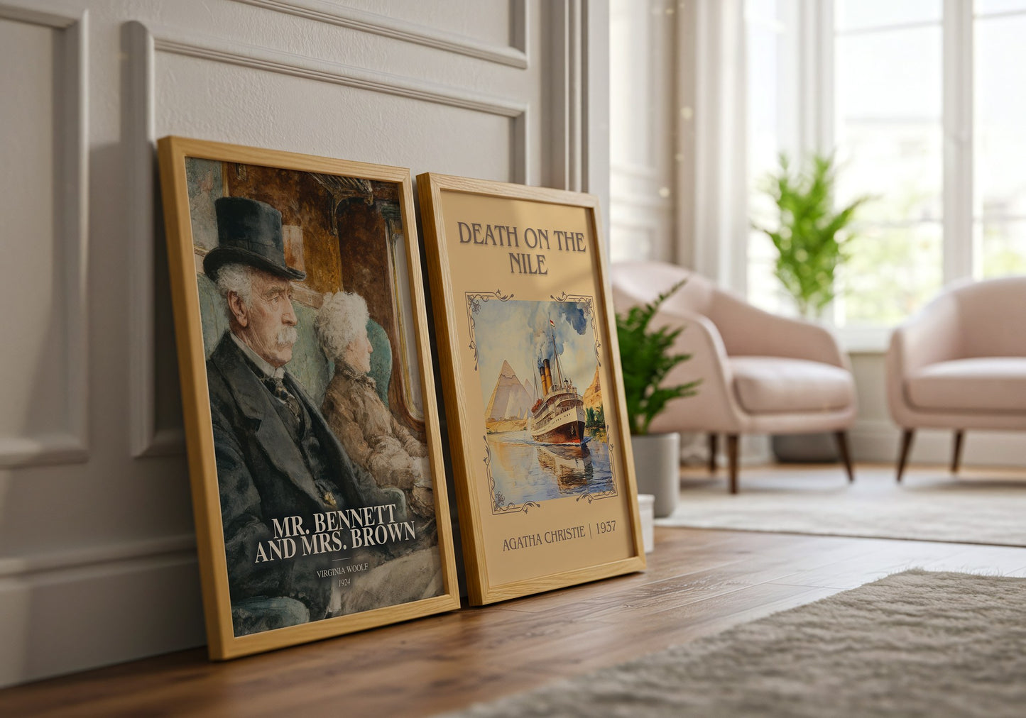 Mr. Bennett And Mrs. Brown watercolour print framed by window – literary home decor