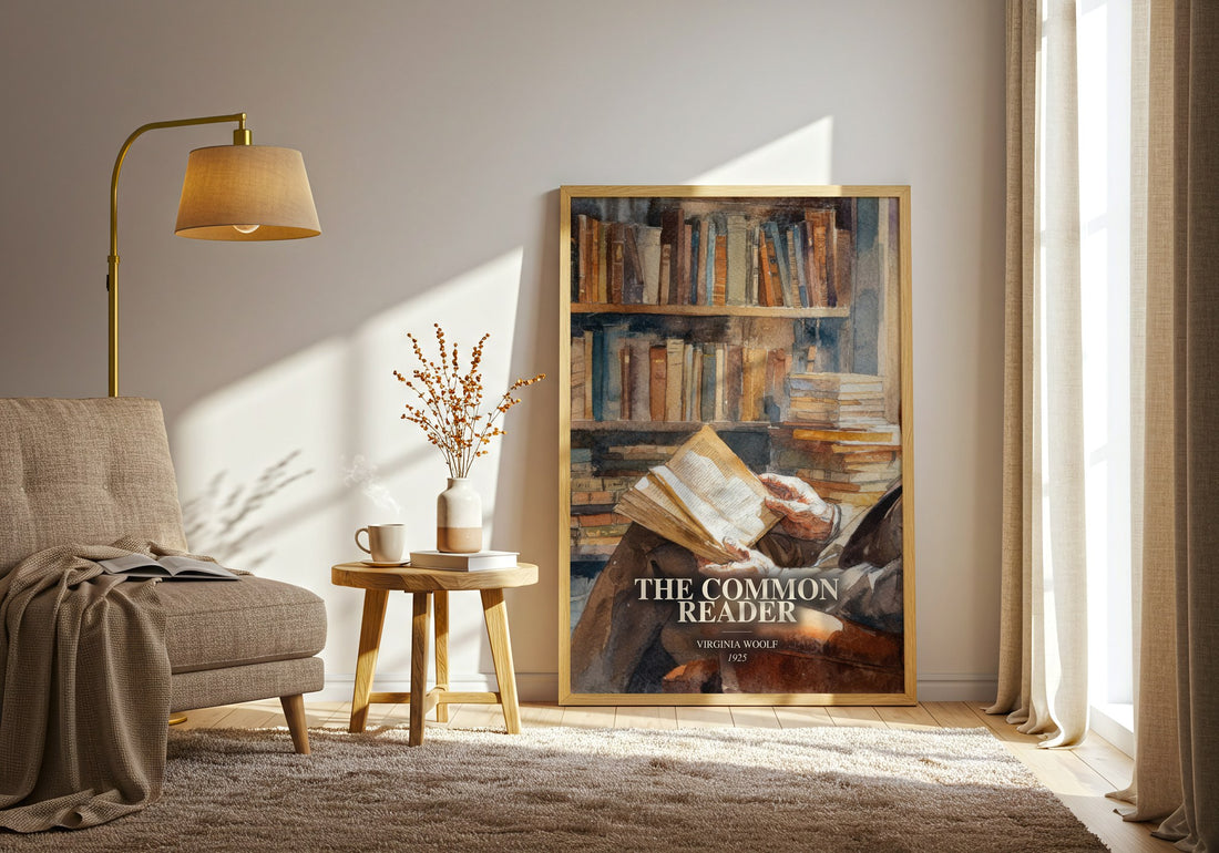 The Common Reader watercolour print in frame leaning in hallway – non fiction wall art (mockup)