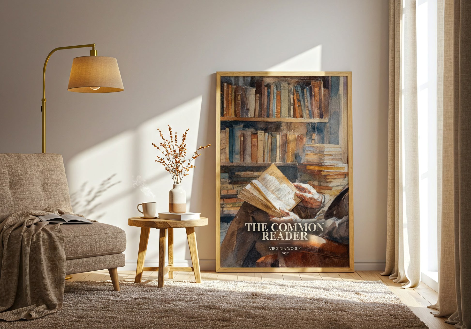 The Common Reader watercolour print in frame leaning in hallway – non fiction wall art