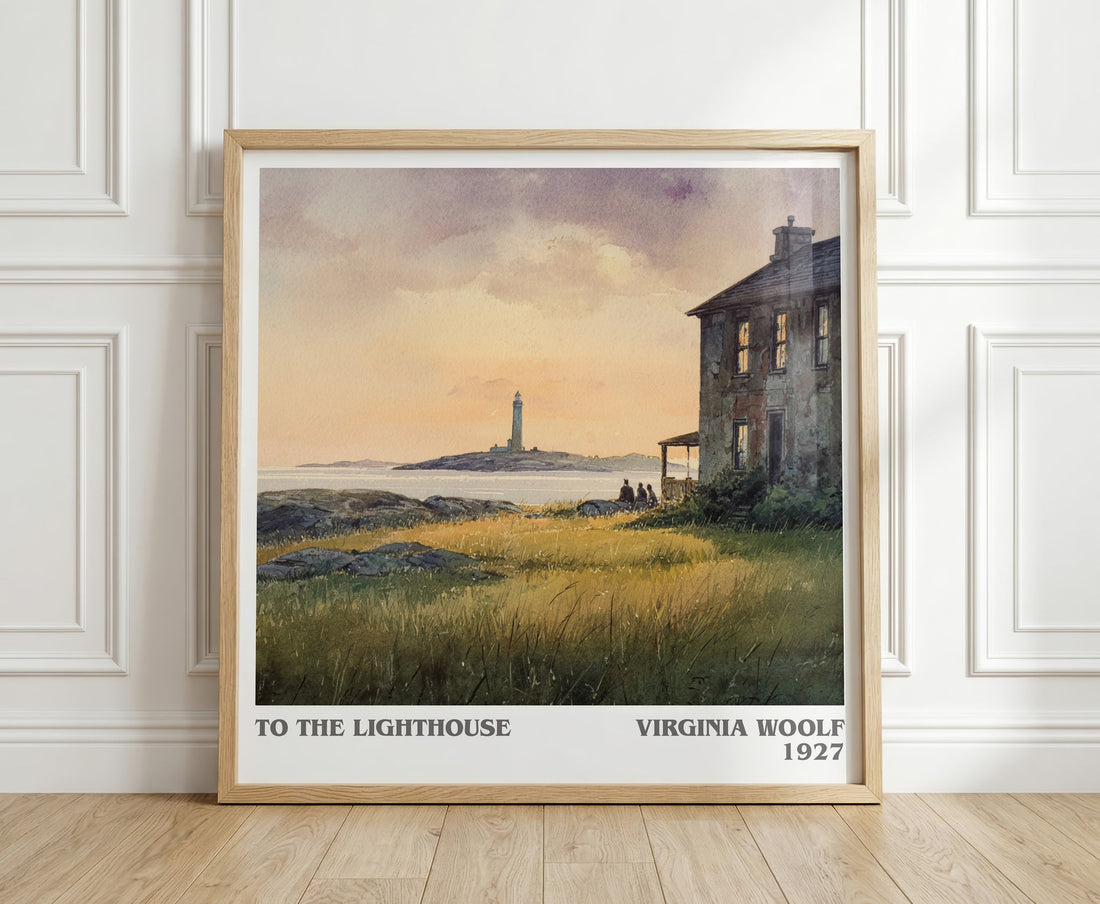 To the Lighthouse literary print in frame leaning in hallway – non fiction wall art (mockup)