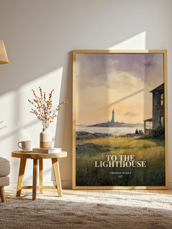 To The Lighthouse watercolour print in frame leaning in hallway – literary fiction wall art