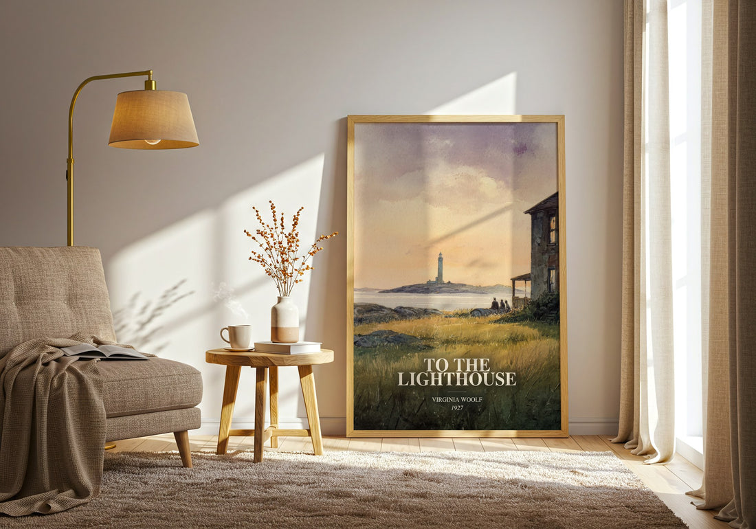 To The Lighthouse watercolour print in frame leaning in hallway – literary fiction wall art (mockup)
