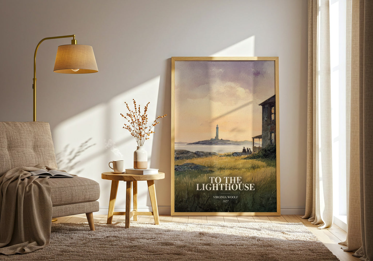 To The Lighthouse watercolour print in frame leaning in hallway – literary fiction wall art