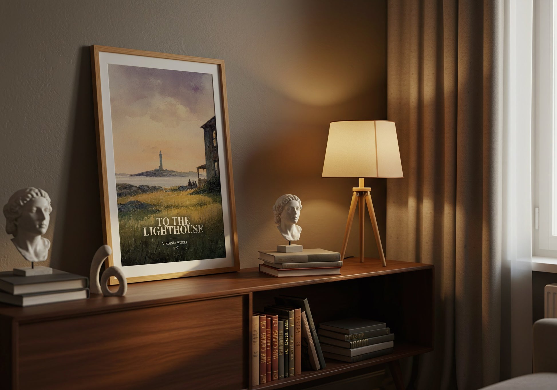To The Lighthouse watercolour print on bookshelf – Virginia Woolf fan gift