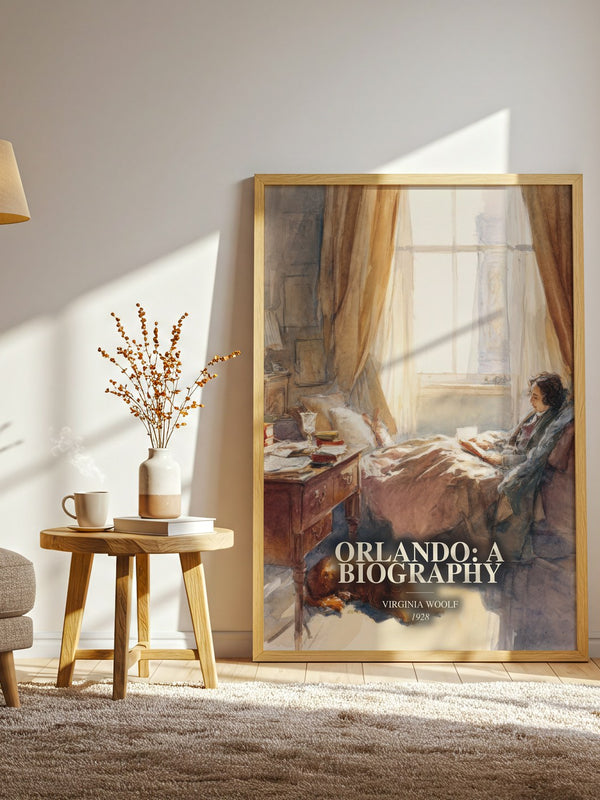 Orlando: A Biography watercolour print in frame leaning in hallway – classic literature wall art